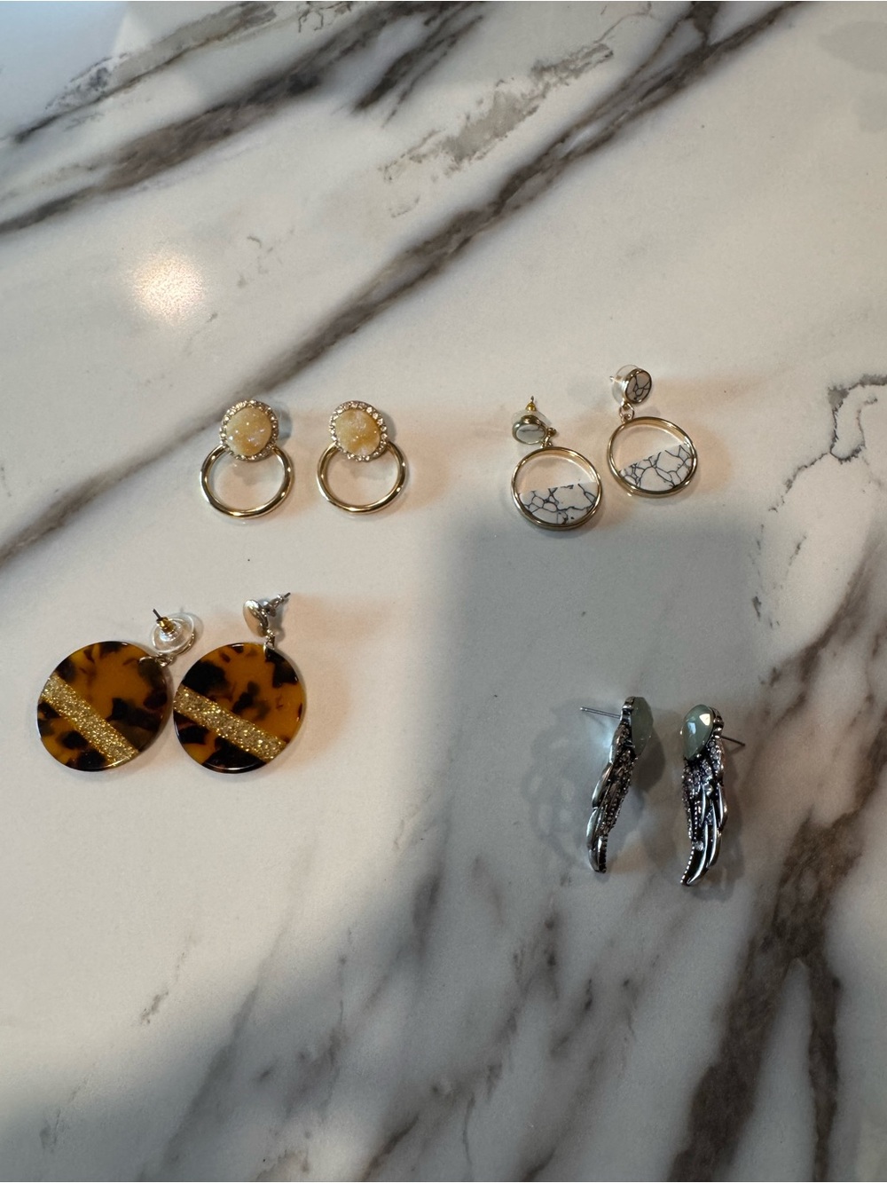 Gold and White Marble Drop Earrings - Women's Fashion Jewelry: lot of 4 pairs